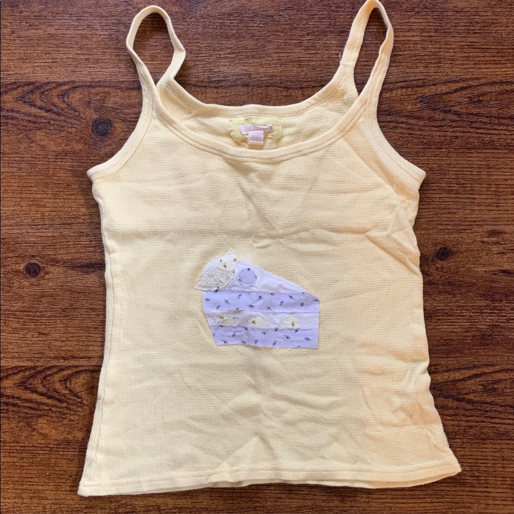 Upcycled Yellow Bluenotes Tank Top With Patchwork Cake Design